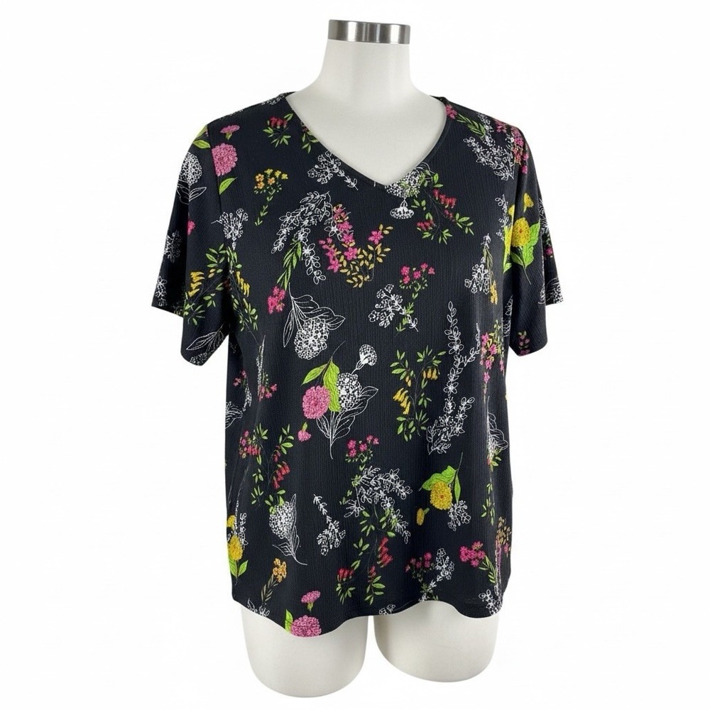 Susan Graver Black Multicolor Floral Stretchy Crinkle Blouse Top A303327 Size 3X